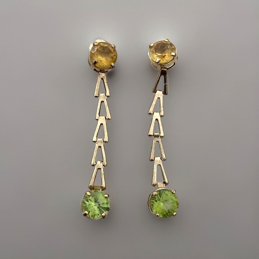 Vintage Mexico 14K Gold Drop Earrings w/ Heliodor & Tsavorite Gemstones